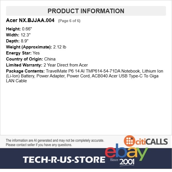 Acer NX.BJJAA.004 TravelMate P6 14 AI Copilot+ Ultra 7 268V 32GB 1TB SSD W11P