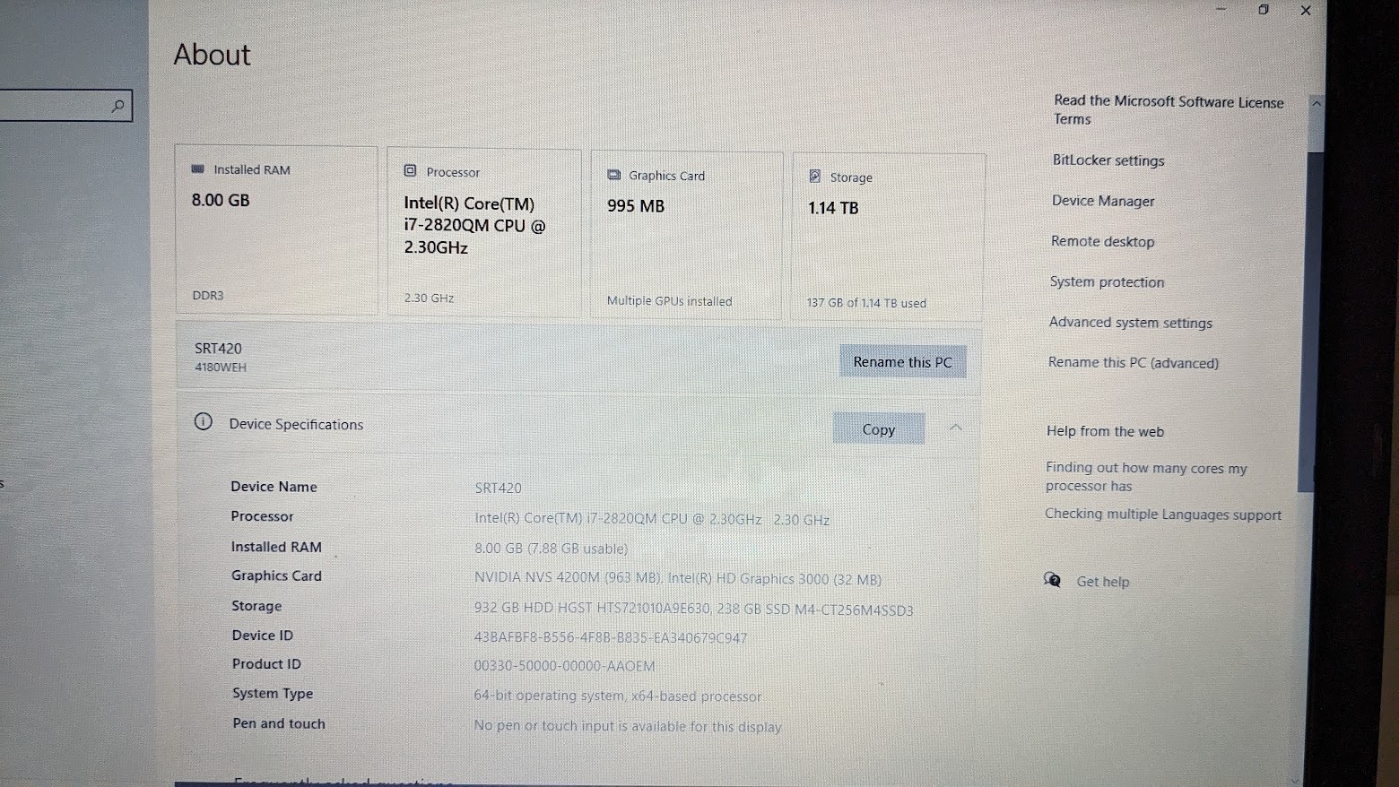 Lenovo ThinkPad T420 Quad Core i7 2720QM 8GB 1.25TB (256GB SSD + 1TB )