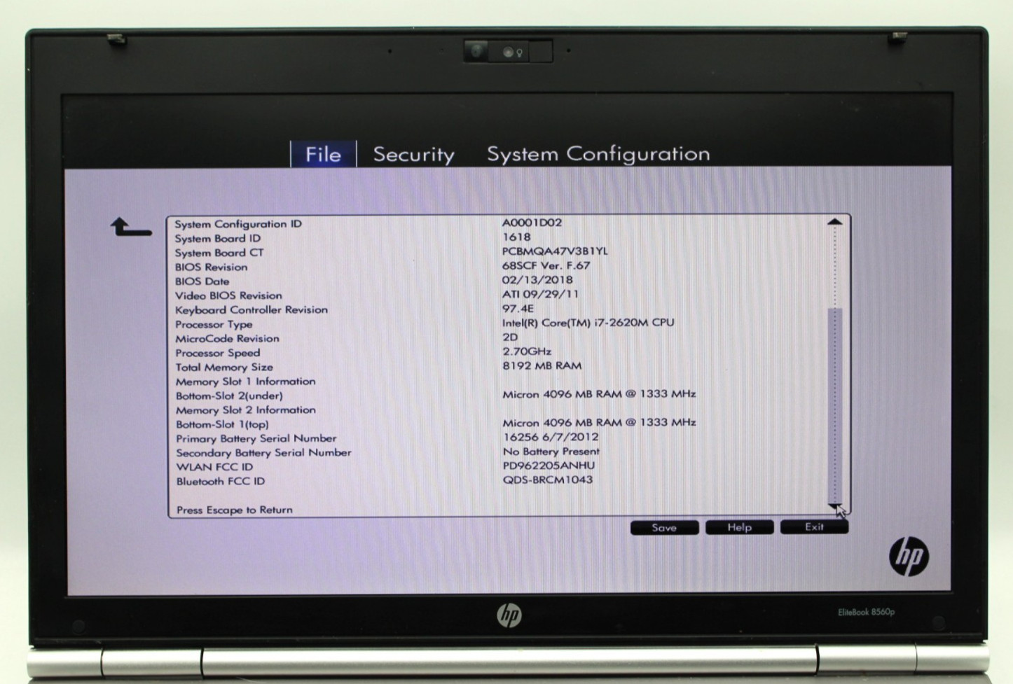HP Elitebook 8560p i7-2620M@2.7GHz /8GB DDR3 NO STORAGE OR OS *USED/TESTED*