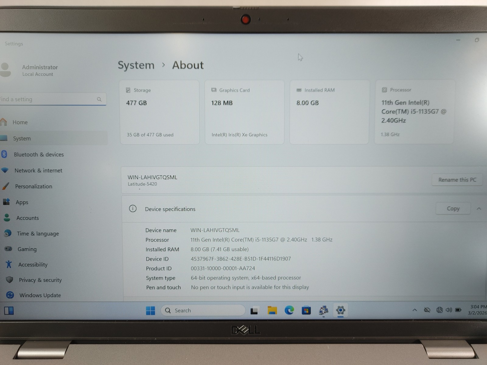 Dell Latitude 5420 Core i5-1135G7 2.40 GHz 8 GB DDR4 512 GB NVMe Windows 11 Pro