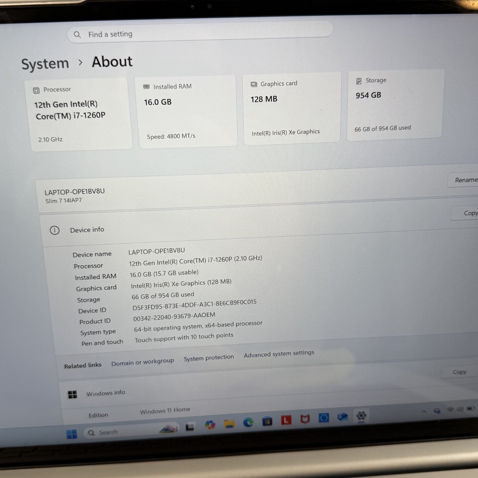 Lenovo Slim 7i 14IAP7 1 TB 16 GB Intel Core i7 2.1GHz Intel Xe Graphics #H456