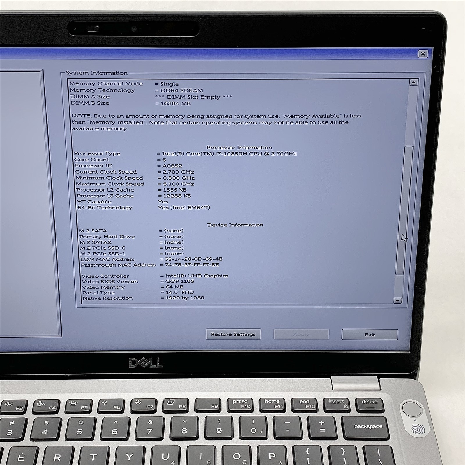 Dell Latitude 5411 Laptop Intel Core i7 10850H 2.70GHZ 14″ FHD 16GB NO HDD Parts