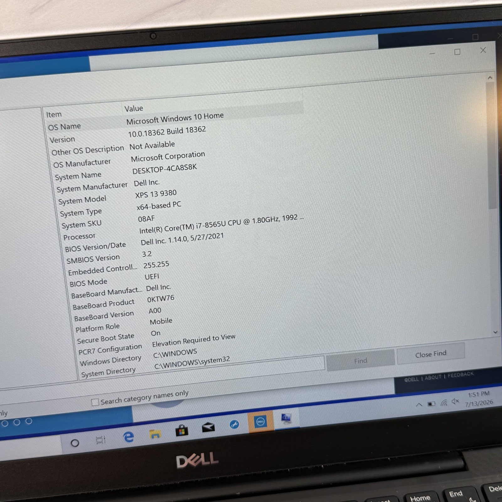 Dell XPS 13 9380 i7-8565U 1.8 GHz 16GB 512GB UHD Graphics 620 Win 10 Home #H402