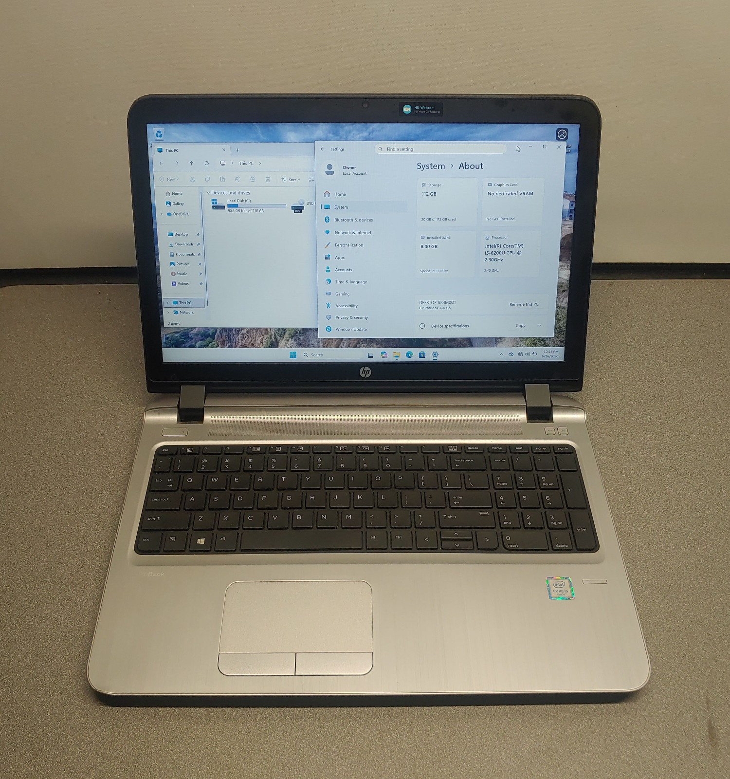 HP ProBook 450 G3 15.6″ Intel Core i5 6th Gen, 8GB RAM, 128GB SSD, Windows 11
