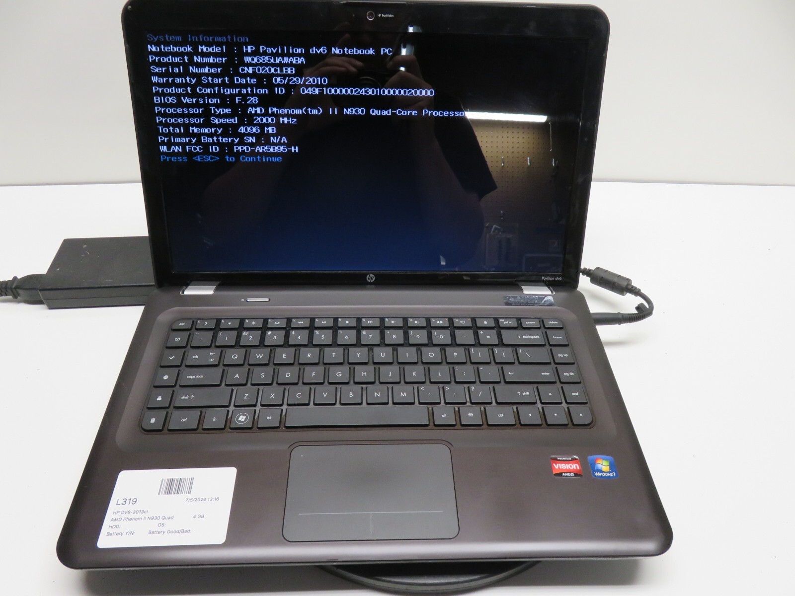 HP Pavilion DV6-3013cl Laptop AMD Phenom 2 x4 4GB Ram No HDD or Battery