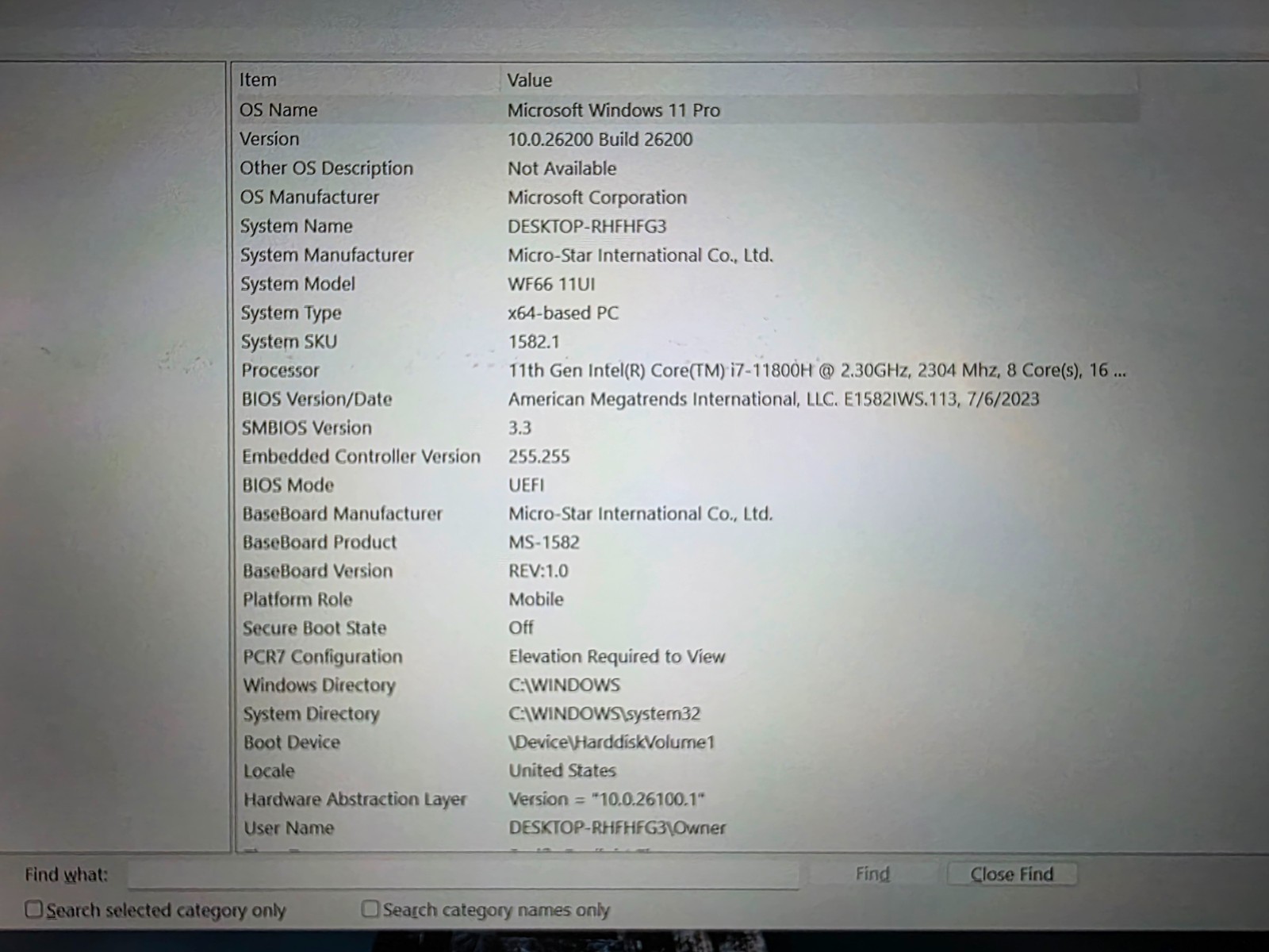 MSI WF66 11UI_MS-1582_Core i7-11800H @2.30GHz_16GB_512GB M.2 NVMe SSD_Win11 Pro.