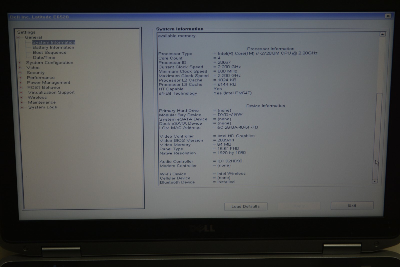 Dell Latitude E6520 Intel Core i7-2720QM @ 2.20GHZ 8GB Ram No HD #W165