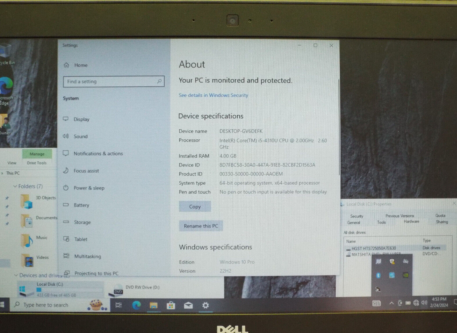 Dell Latitude E5450 Intel Core i5-4310U, 2-2.6GHz, 4GB RAM 500GB HDD Win 10pro