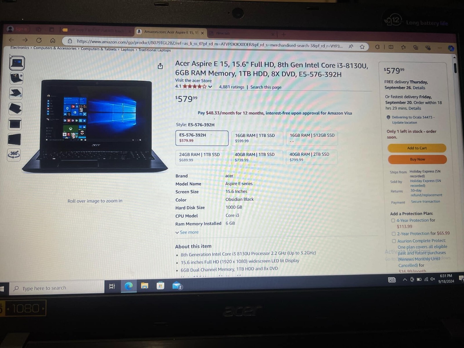 Acer Aspire E 15 E5-576-392H 15.6″ (1TB, Intel Core i3 8th Gen., 2.20GHz,…