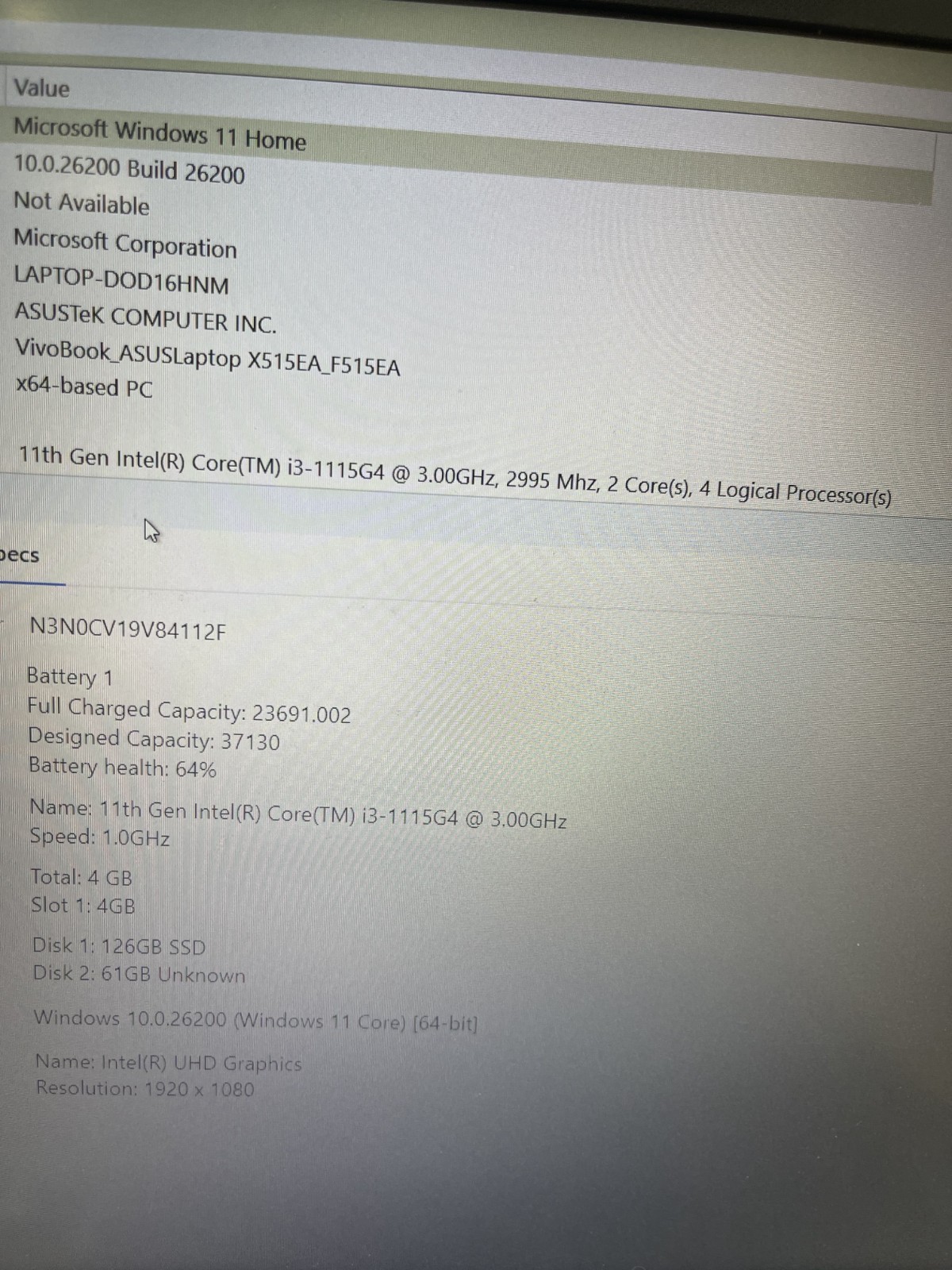 ASUS VivoBook F515EA 15.6″ Laptop i3-1115G4 3GHz 4GB RAM 128GB SSD Win 11 Pro