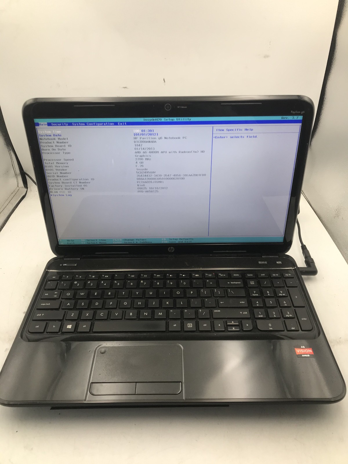 HP PAVILION G6 2320DX – BOOTS TO BIOS – AMD A6 4400M – 4GB RAM – READ DESC – BB!