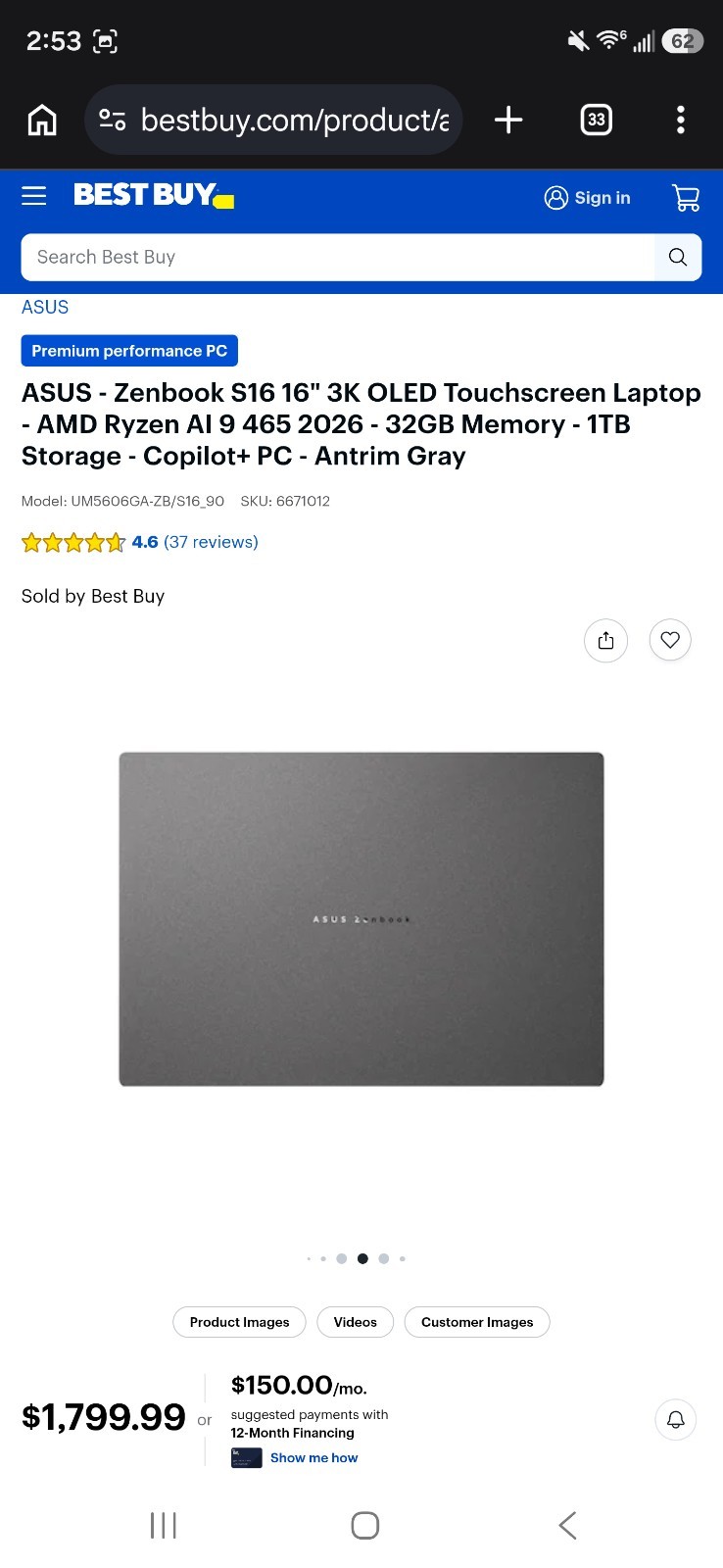 ASUS – Zenbook S16 16″ 3K OLED Touchscreen Laptop – AMD Ryzen AI 9 465 2026 -…