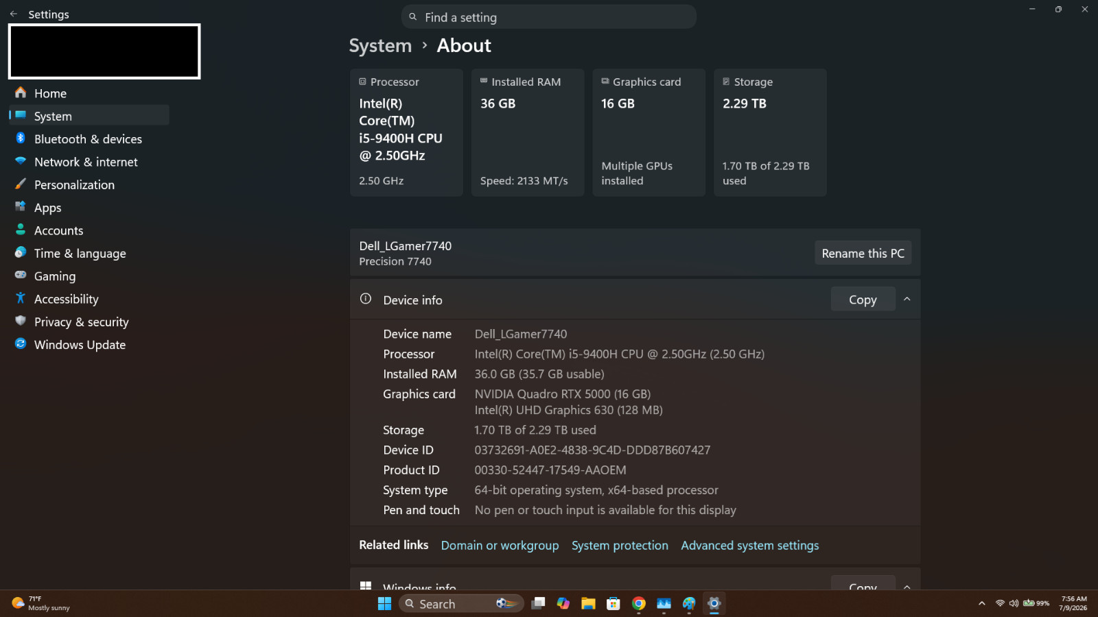 Dell Precision 7740 2.5GHz-4.3ghz boost 4c 8t 36GB ram 2.5TB storage 16GB VRAM