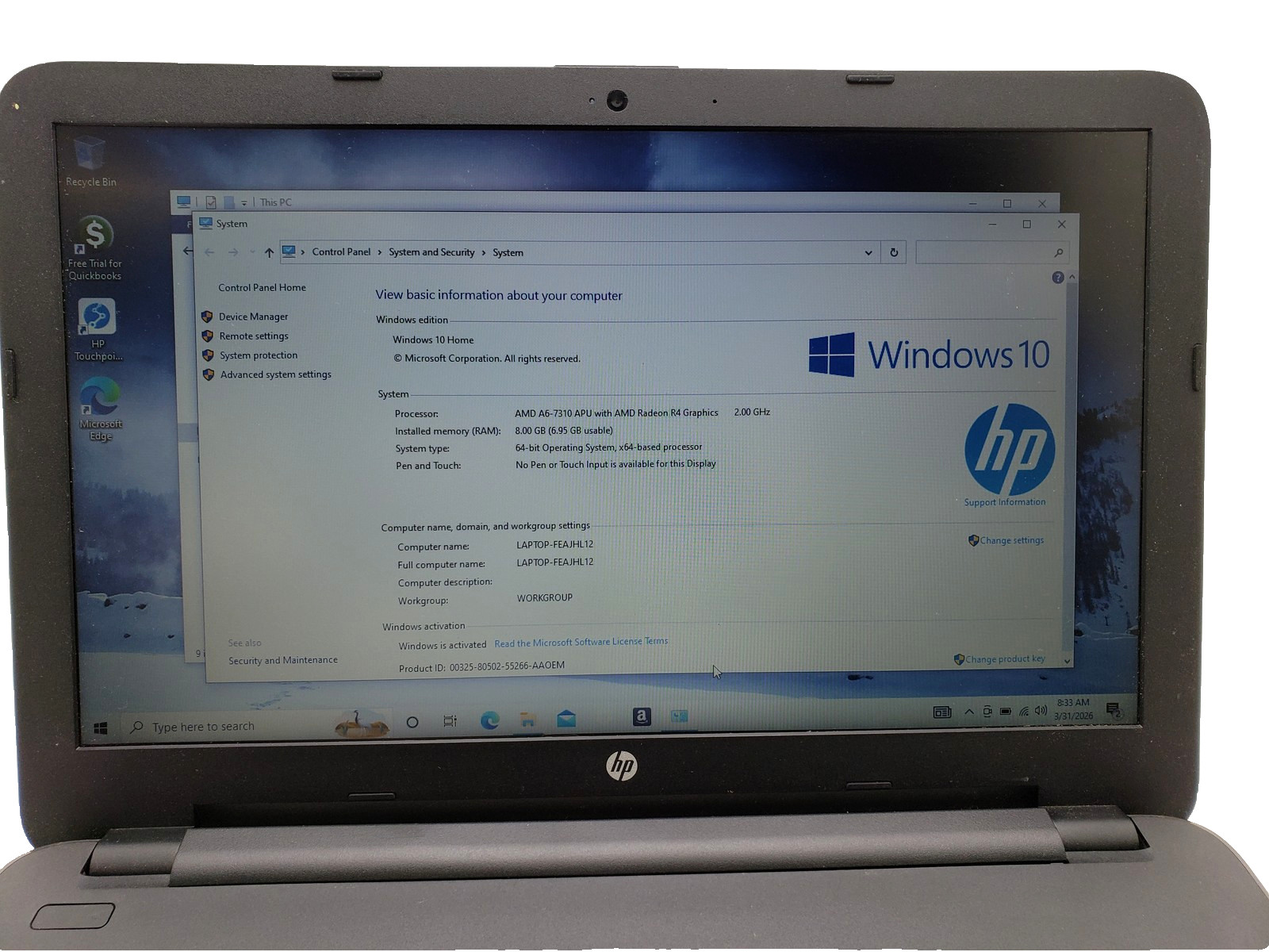 HP 255 G5 Laptop AMD A6-7310 8GB RAM 128GB SSD 15.6″ 2.00GHz Windows 10 Home.