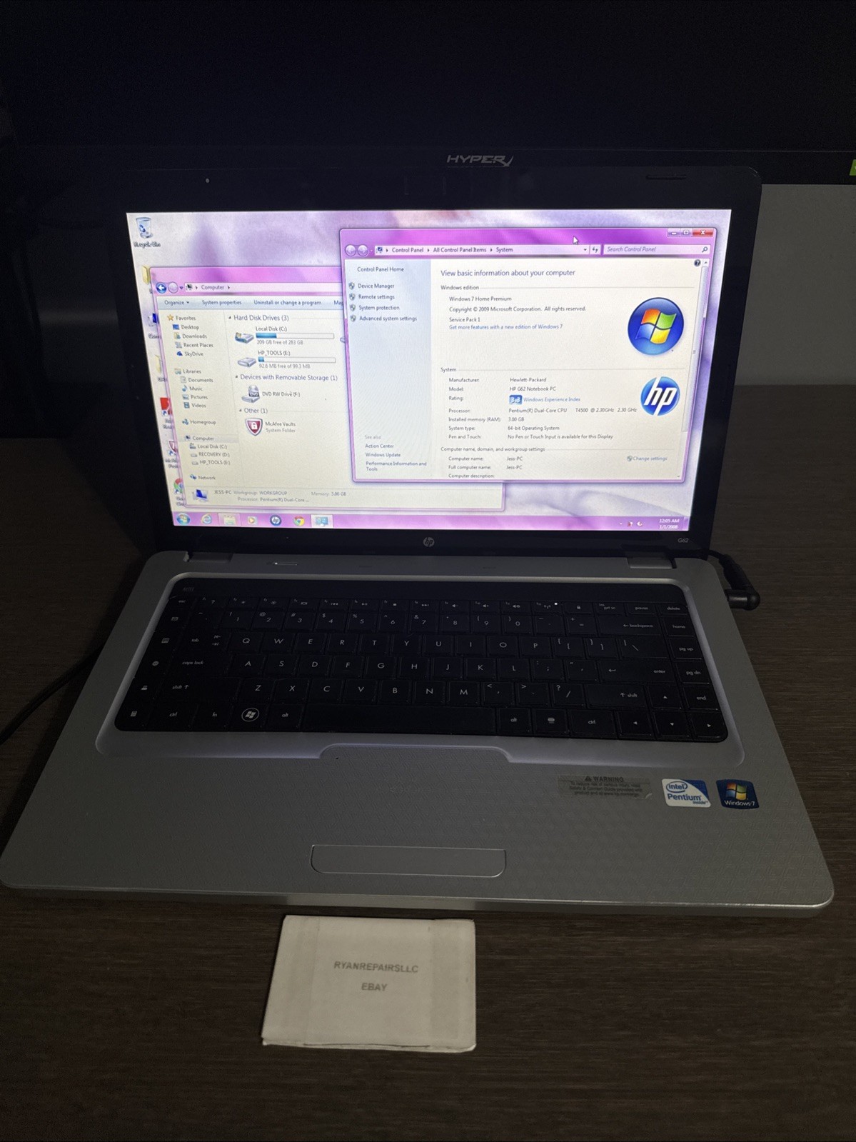 HP G62 T4500 Core 2 Duo 3GB RAM NO Battery