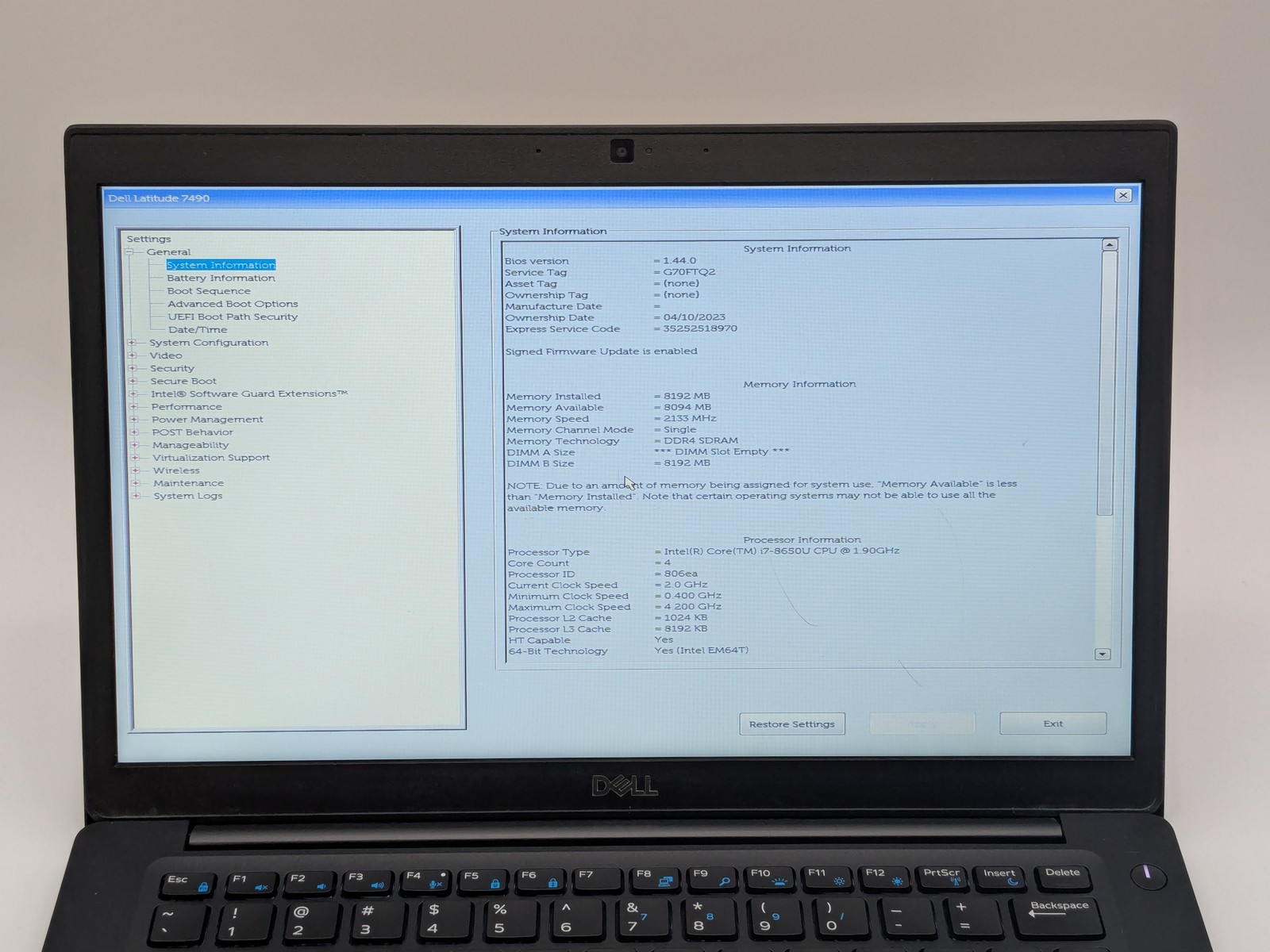 Dell Latitude 7490 14″ HD I7-8650U 256GB SSD 8GB W11P Webcam Backlit