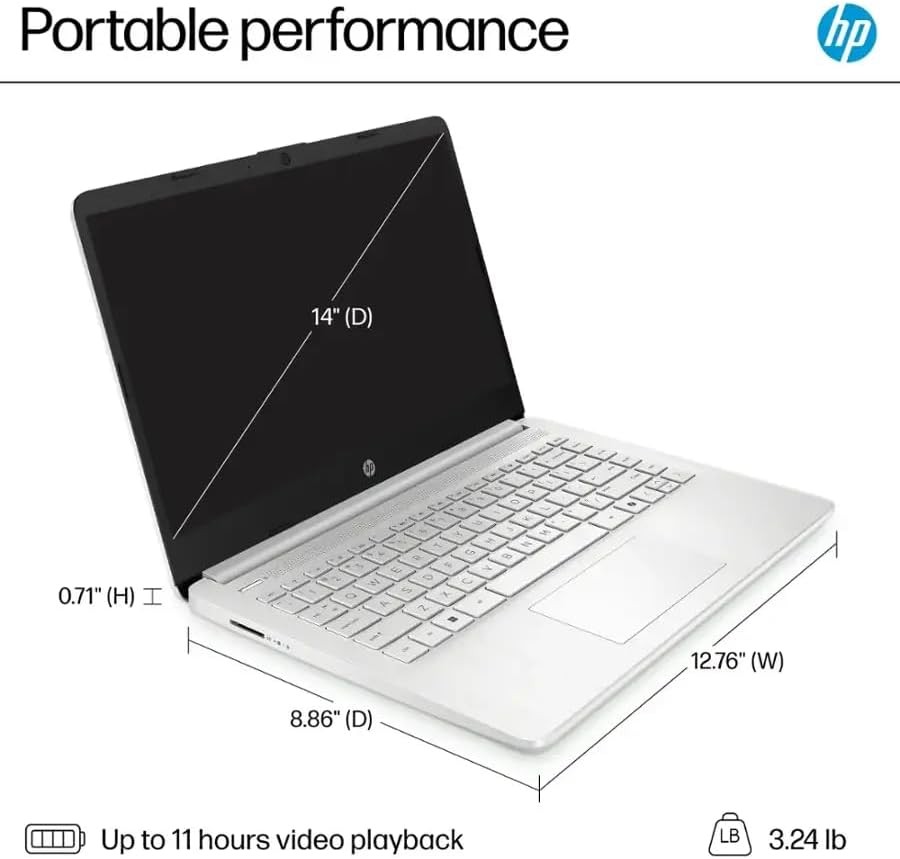 HP 14″ Student Laptop computer Intel N150 Win11Pro Up To 16GB RAM 128GB Silver