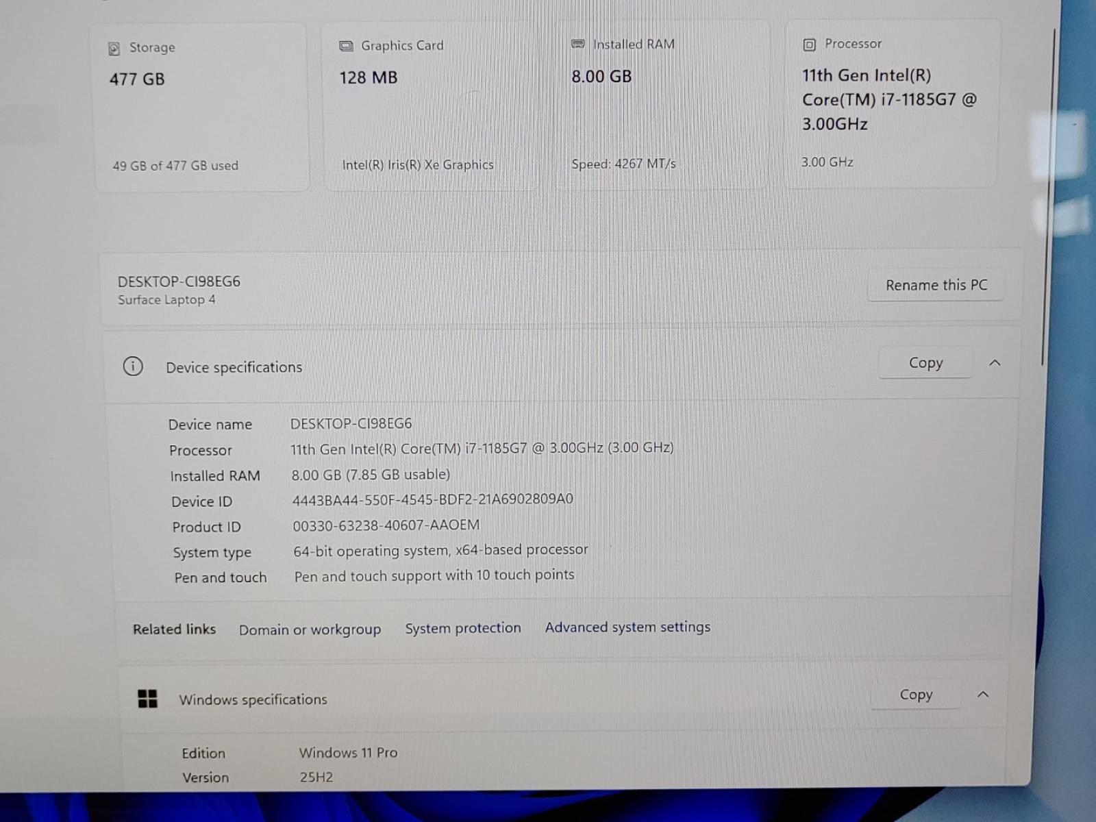 Microsoft Surface Laptop 4 15″ i7-1185G7 8GB 512GB Win11Pro *NO A/C* *WORN KEYS*