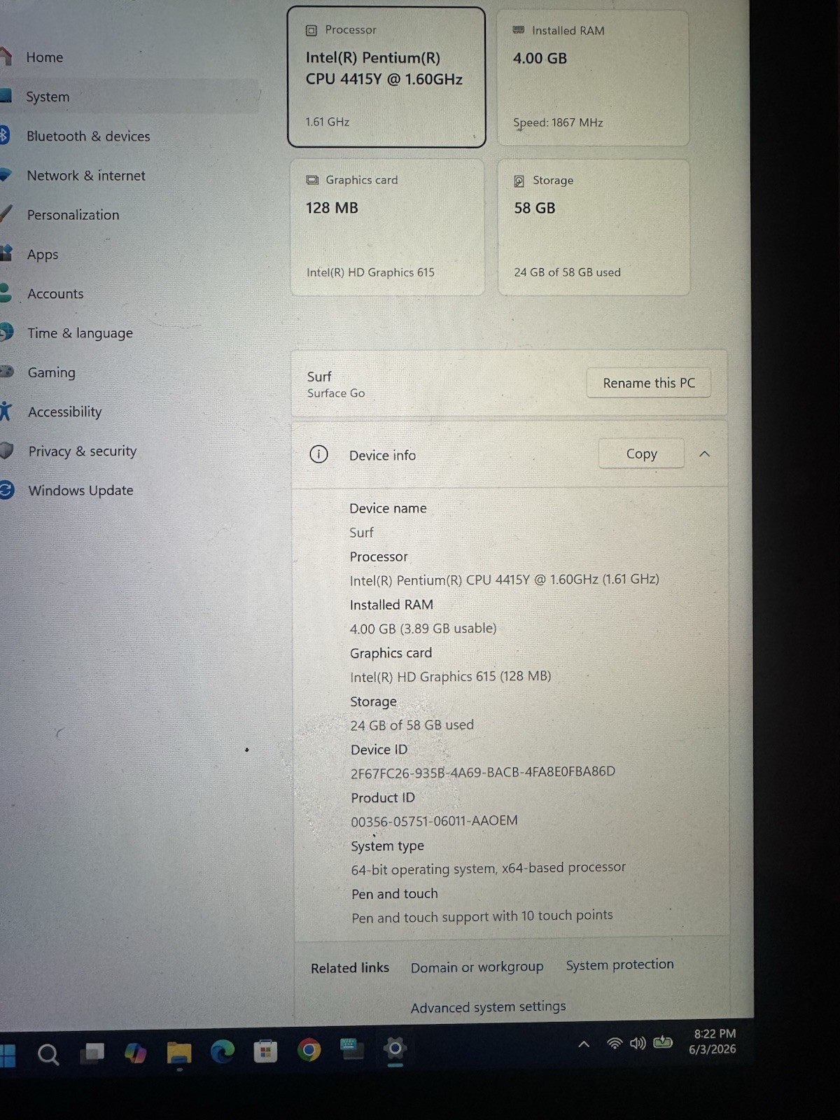 Microsoft Surface Go 1824 10” (64GB, Intel Pentium 4415Y, 1.60GHz, 4GB,…