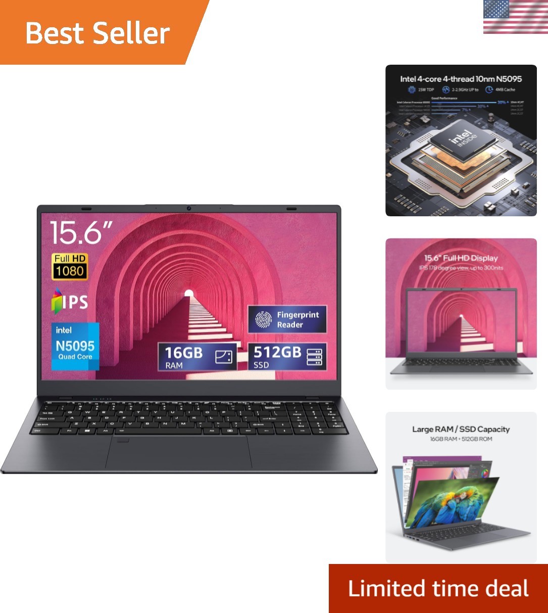 Lightweight 15.6-inch Laptop – 16GB RAM, 512GB SSD, Backlit Keyboard, Windows 11