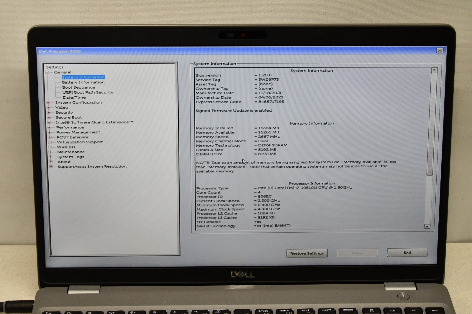 ^ Dell Precision 3550 15.6″ Intel i7-10510U @ 1.80GHz 16GB Ram No HD #X6992