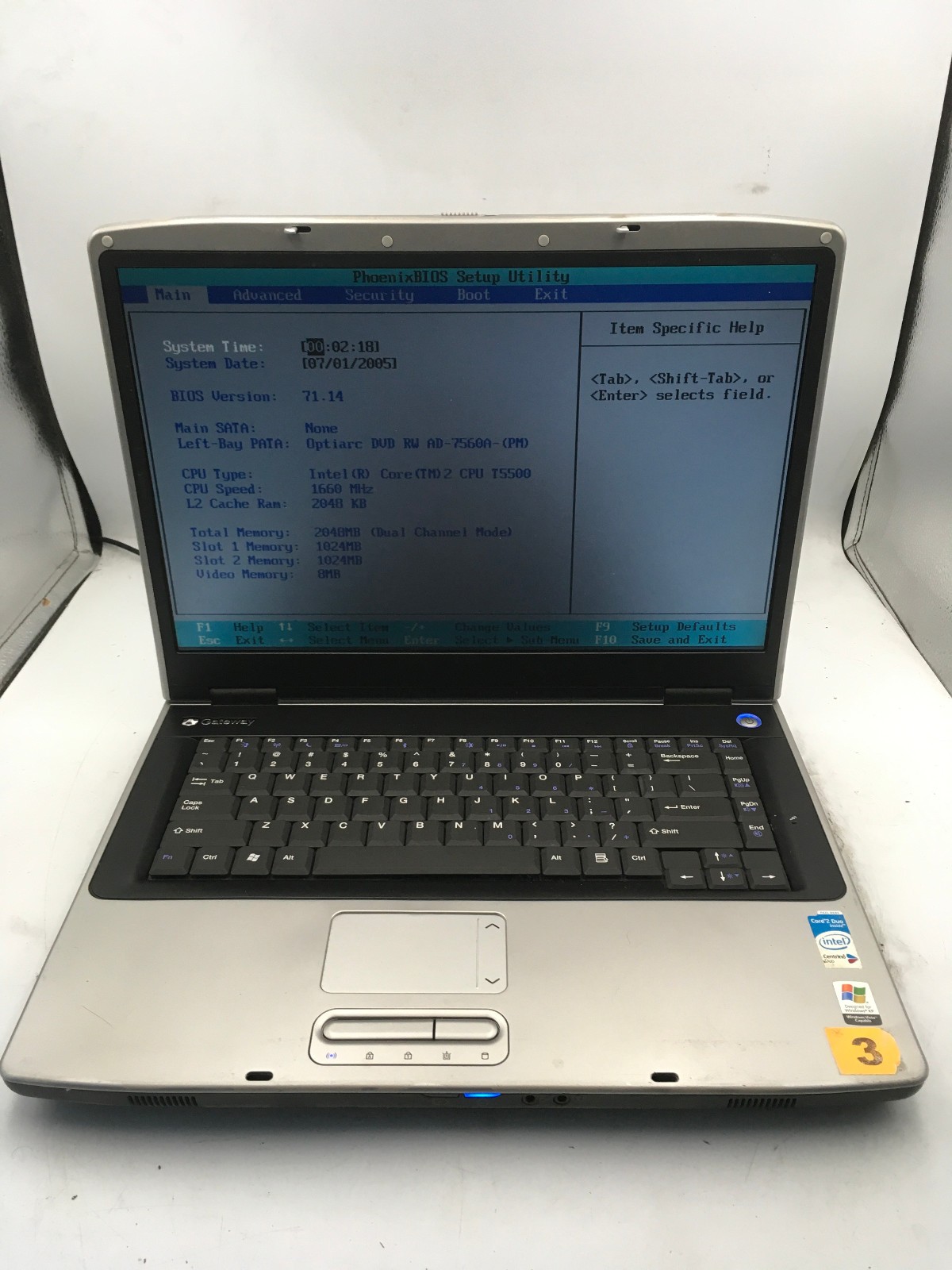 GATEWAY MA6 M465 E – BOOTS TO BIOS – INTEL 2 DUO T5500 – 2GB RAM – READ DESC -BB