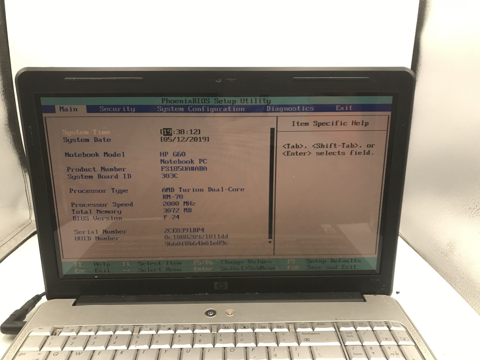 HP G60 125NR – BOOTS TO BIOS – AMD TURION DUAL CORE – 3GB RAM – READ -BB