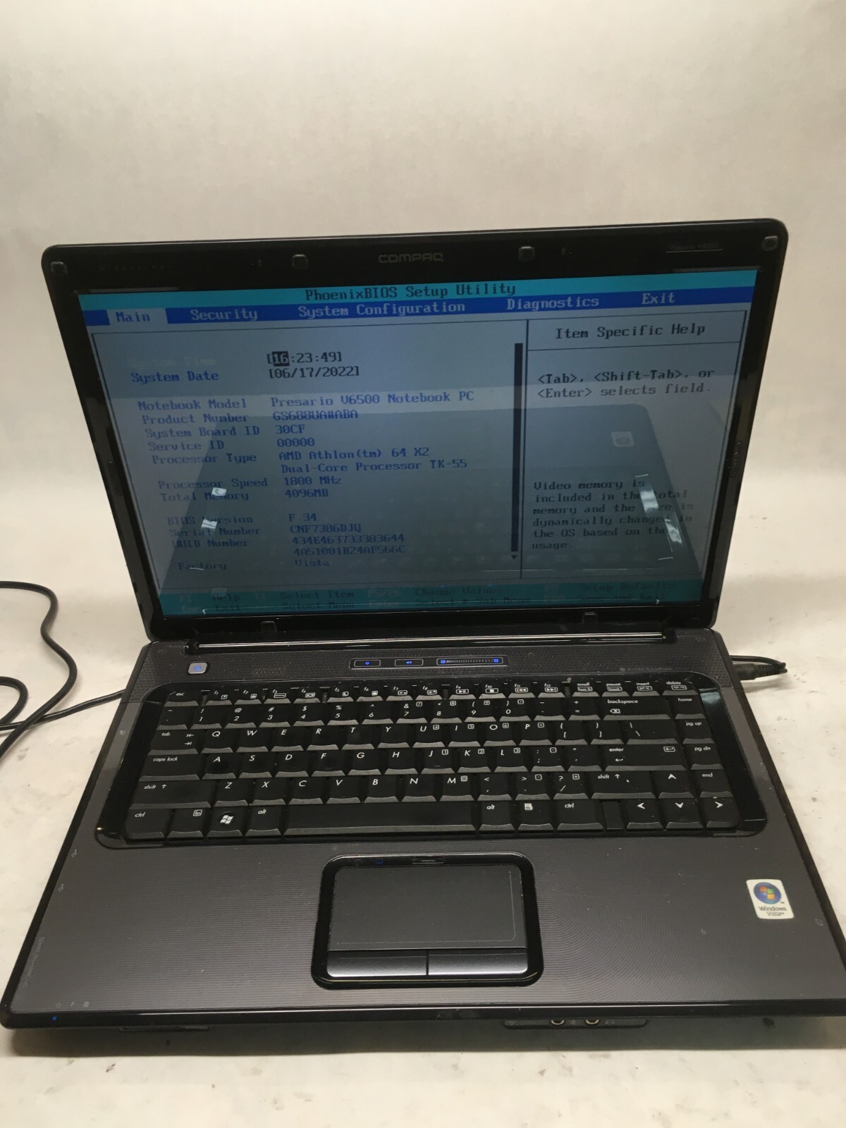 HP Presario V66620us 15″ [AS IS] AMD Athlon 64 X2 Dual Core @ 1.8 GHz – JZ