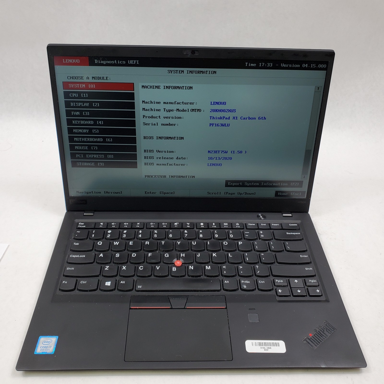 Lenovo ThinkPad X1 Carbon 6th GEN Core i7-8550U 1.8GHz 8GB RAM 256GB SSD NO OS