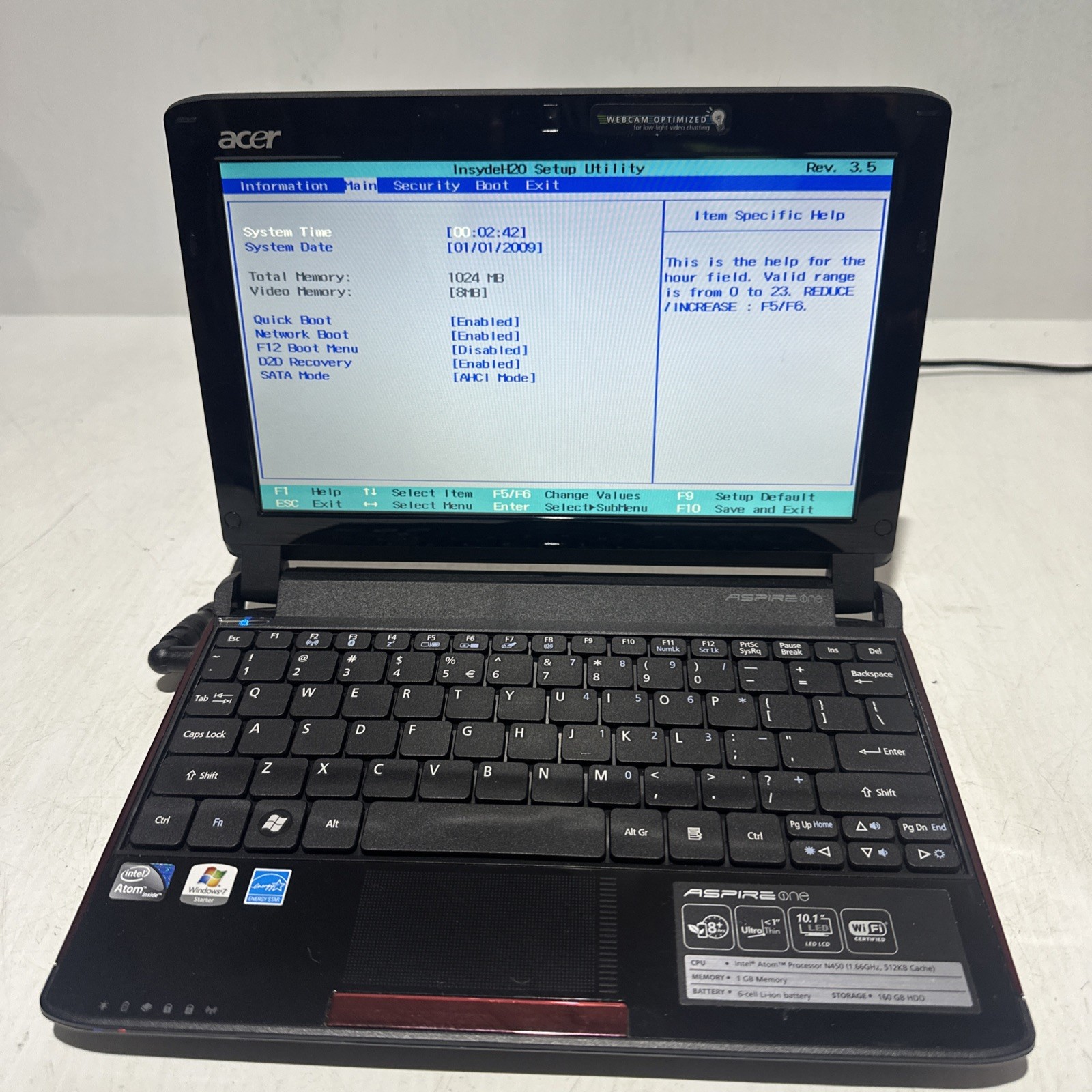 Acer Aspire One 10.1″ Laptop Intel Atom N450 1gb Ram No Drives Boots Bios
