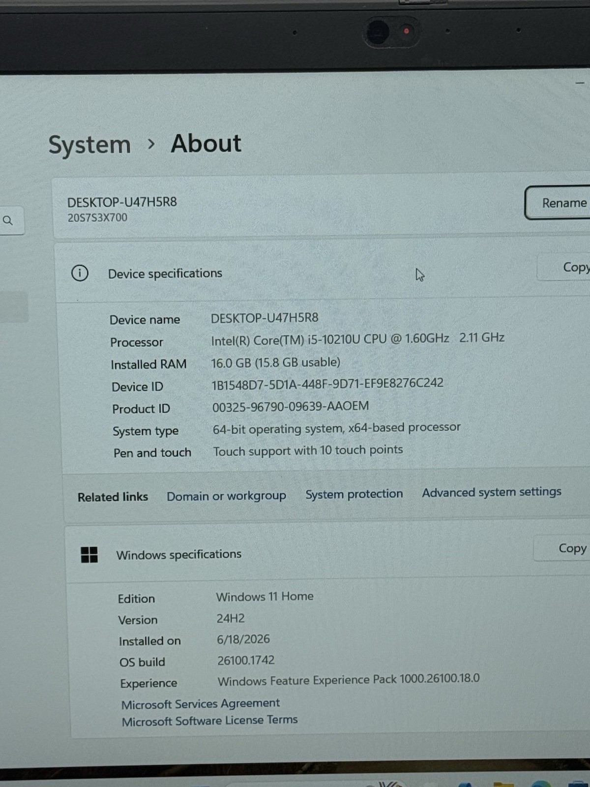 Lenovo ThinkPad T15 15.6” FHD Touch i5-10210U 1.60GHz 16GB 512GB NVMe Win11