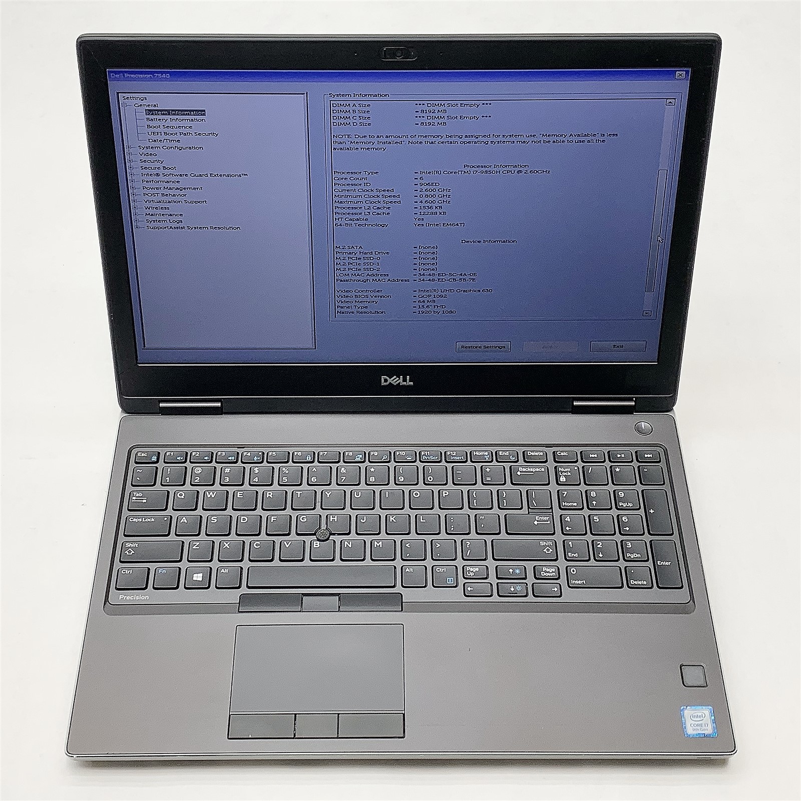 Dell Precision 7540 Laptop Intel Core i7 9850H 2.6GHZ 15.6″ FHD 16GB RAM NO HDD