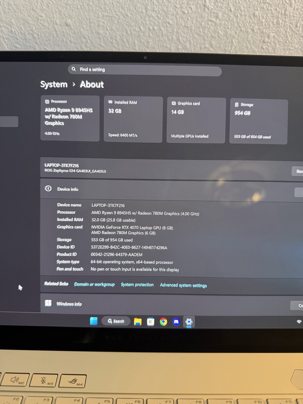 ASUS ROG Zephyrus G14 2024 3K 120Hz OLED Ryzen 9 8945HS 32GB 1TB RTX4070 GA403UI