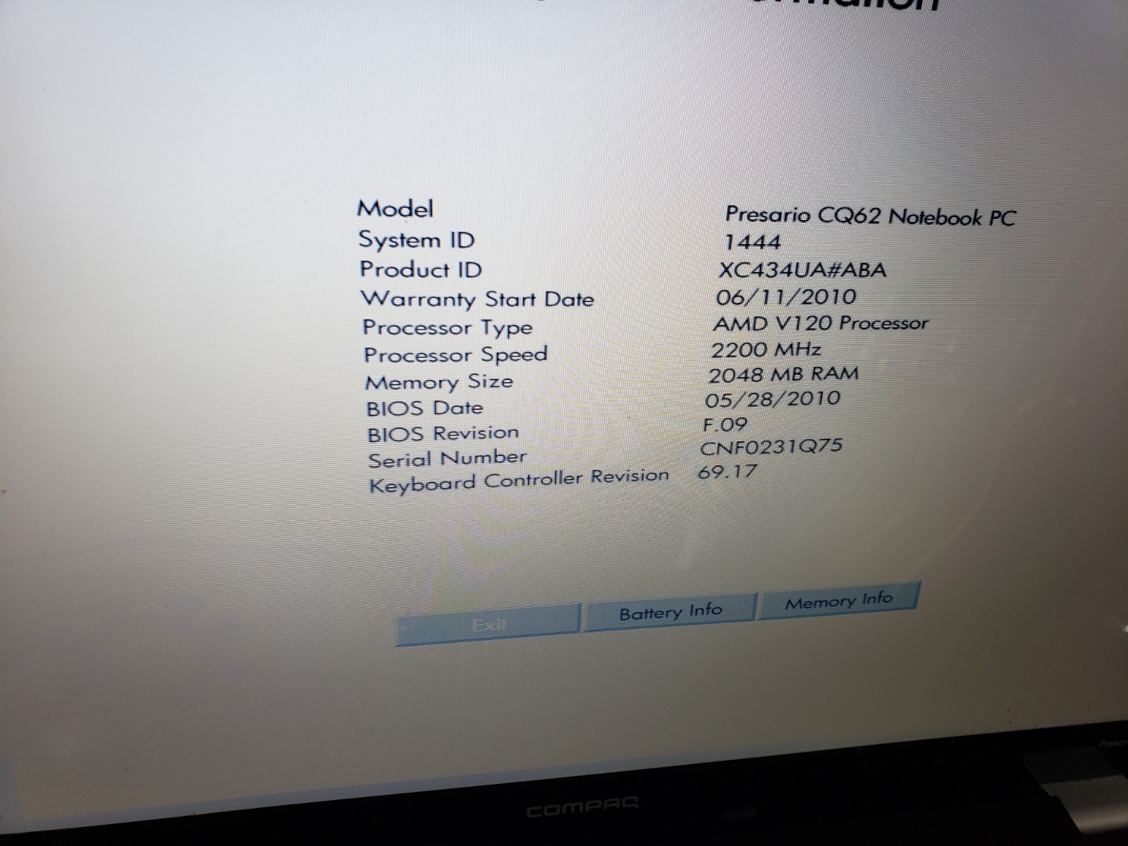 Compaq Presario CQ62 Laptop PARTS ONLY AMD V120 CPU 2GB ram 320gb