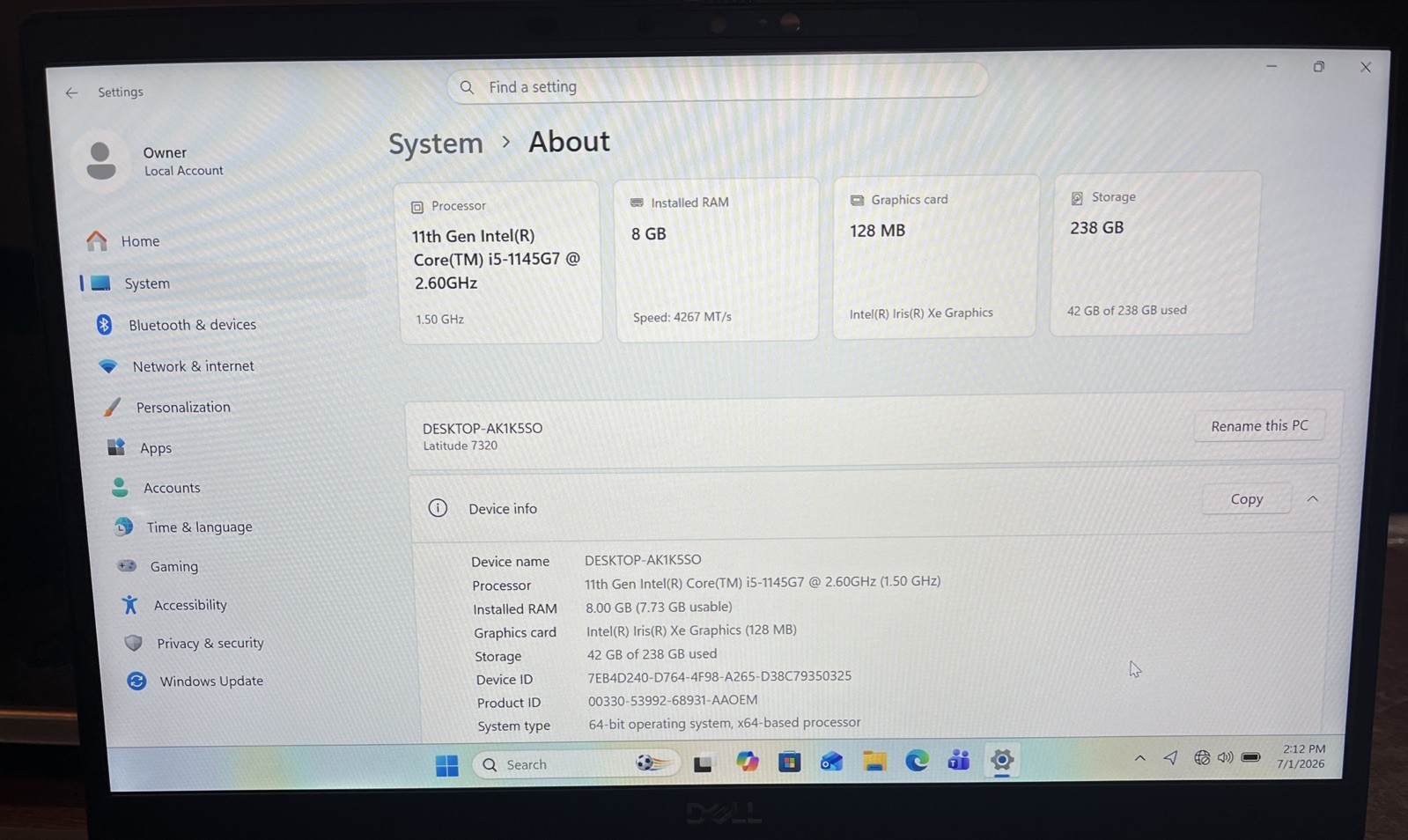 Dell Latitude 7320 13.3″ i5-1145G7@2.6GHz, 8GB RAM, 256GB M2, Win 11 Pro *READ*