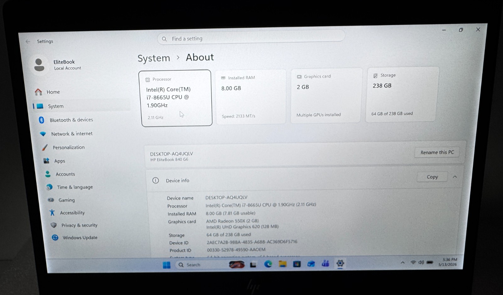HP EliteBook 840 G4 14″ Laptop i7-8665U QC 1.9GHz 8GB 256GB HDMI Windows 11 Pro