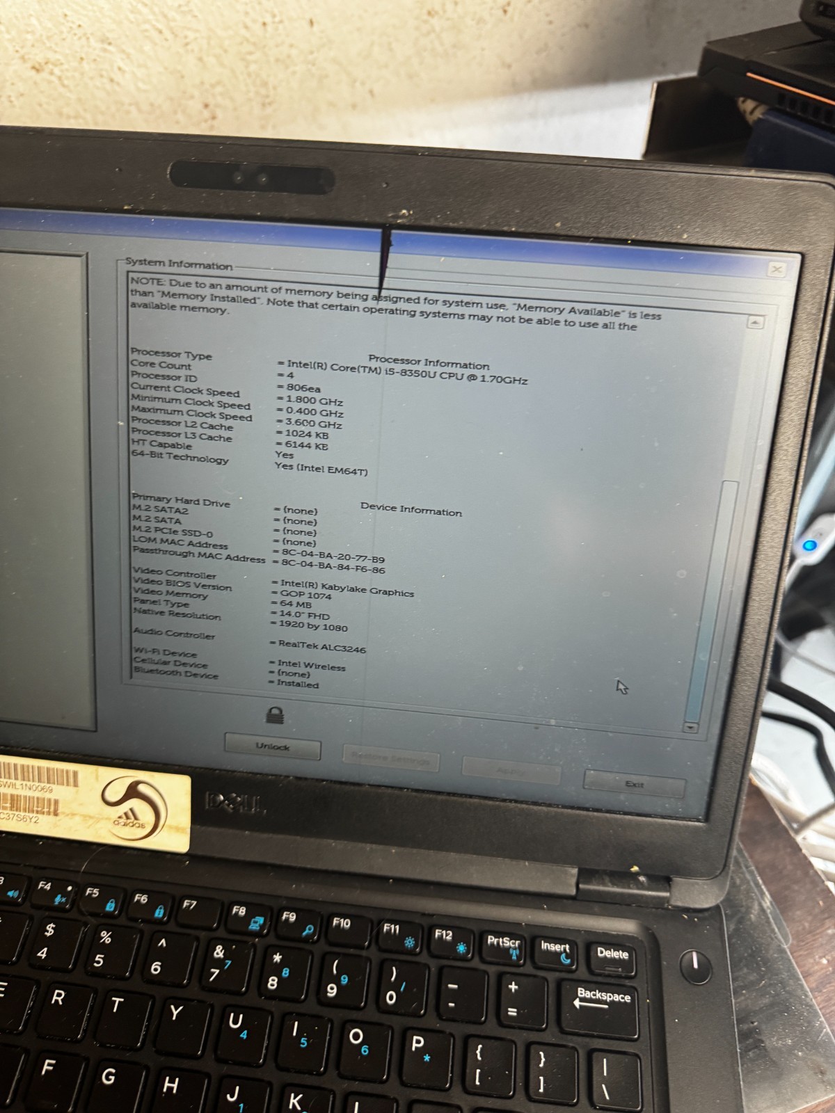 DELL LATITUDE 5490 Laptop w/ Intel Core i5-8350U 8GB RAM Repair #5919
