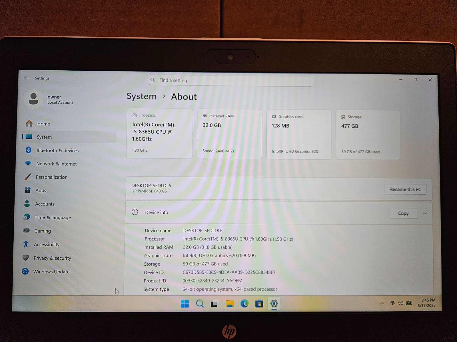 HP ProBook 640 G5 Laptop 14” Intel Core i5 32GB RAM 512GB SSD Windows 11 Pro