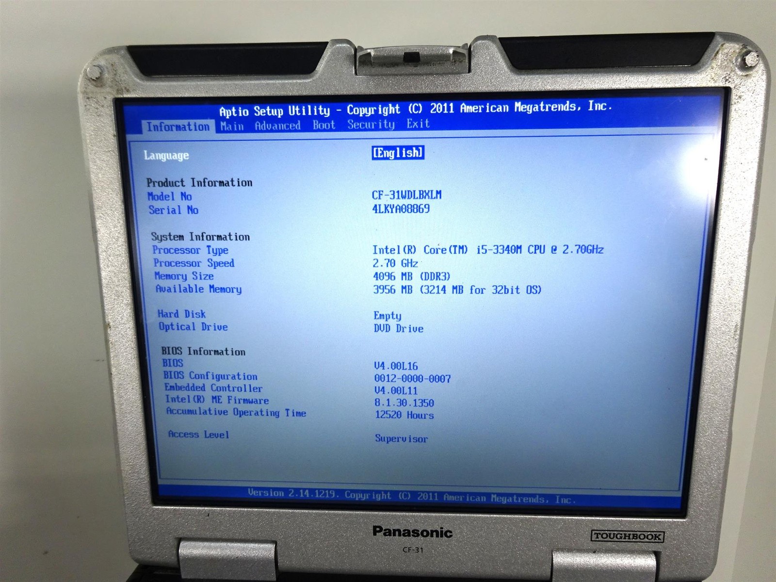 Lot 10 – Panasonic CF-31 Core i5-3340M 2.7GHz 4GB DDR3 – MK4 – No Hard Drive