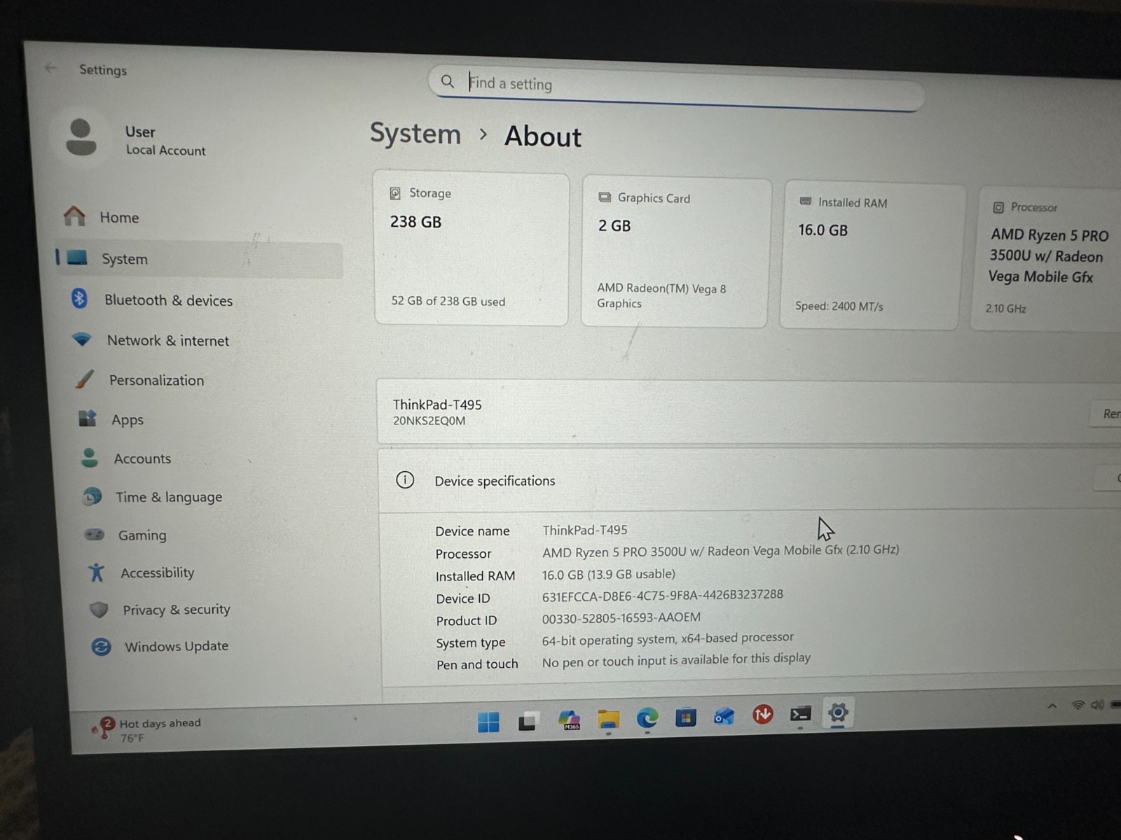 Lenovo ThinkPad T495 Ryzen 5 Pro 350• 16GB • 256GB SSD • Win11 Pro – 90% Batt.