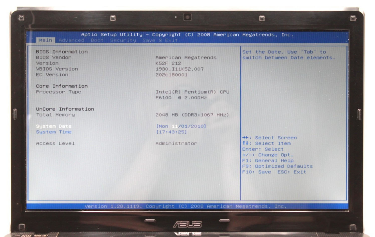 ASUS K52F Pentium-P6100@2.0GHz 2GB DDR3 NO STORAGE OR OS *USED/TESTED*