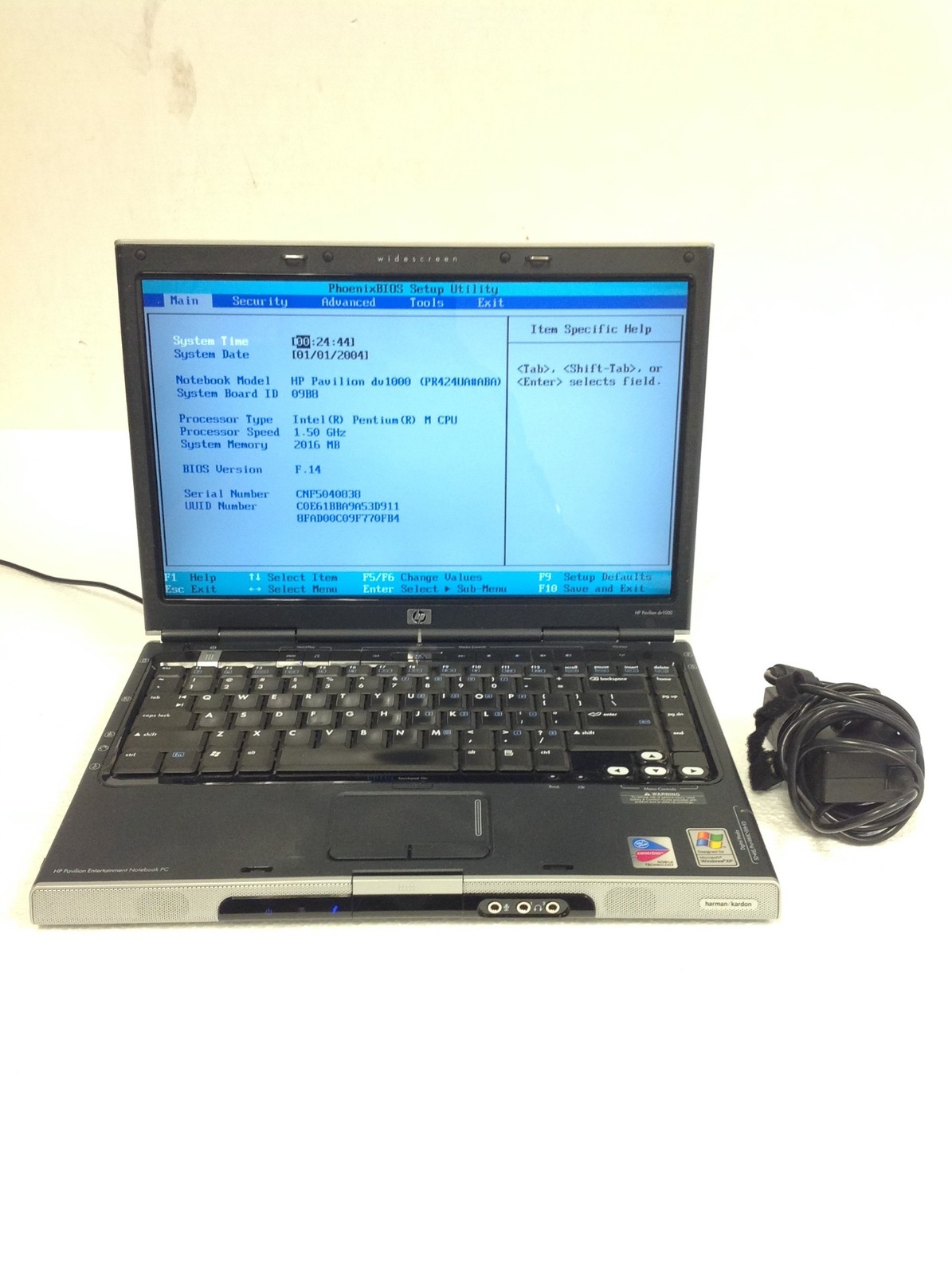 HP Pavilion DV1000 Pentium M 1.50GHz 14″ Laptop w/2GB RAM, DVDRW, Adapter, No HD