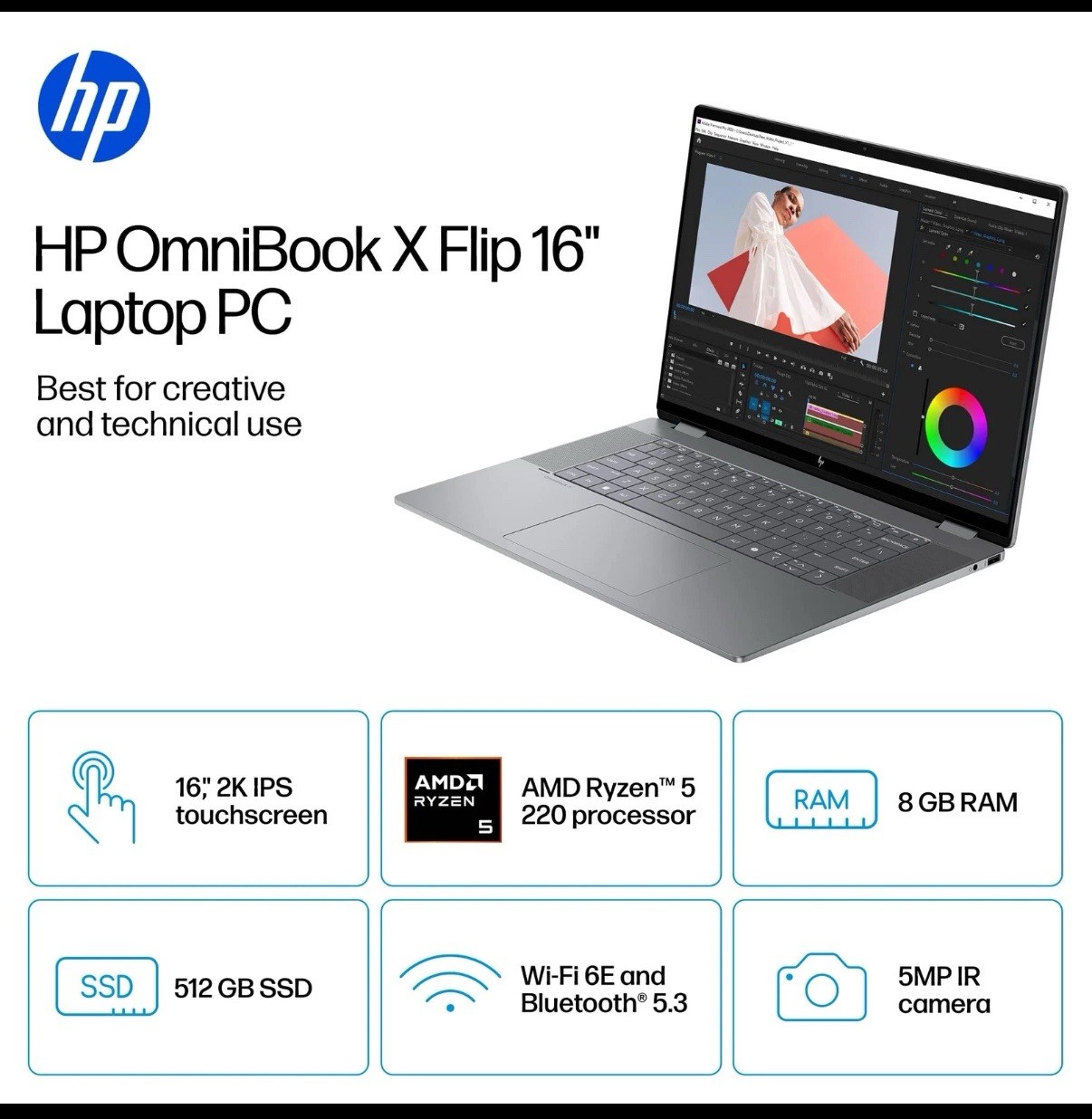 HP OmniBook X Flip 2-in-1 16 220 AMD Radeon 740M 8GB 512GB 16″ LED Silver Touch