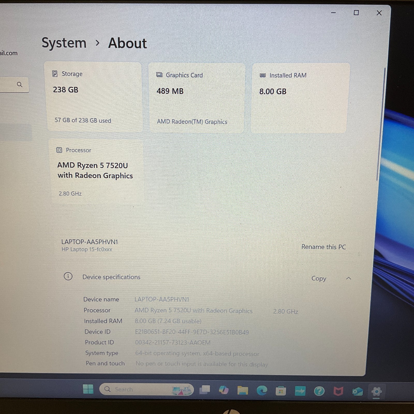 HP 15-fc0039wm 15.6″ Rose Gold Laptop AMD Ryzen 5 7520U @ 2.80 GHz 8GB 256GB