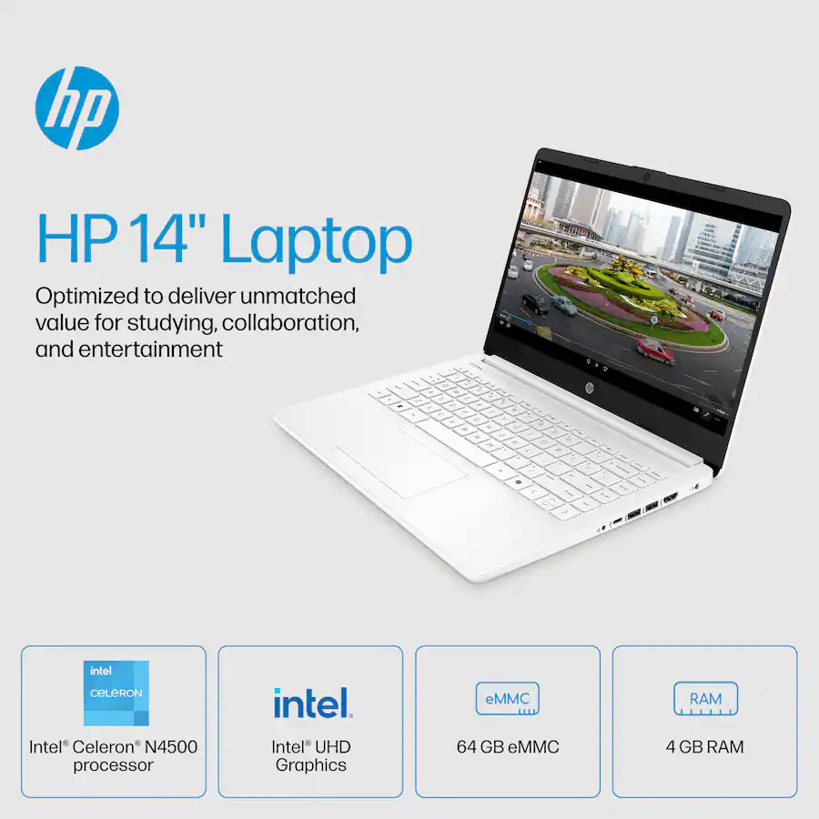 HP 14″ HD Laptop Intel Celeron N4500/4GB/64GB eMMC White New!!!
