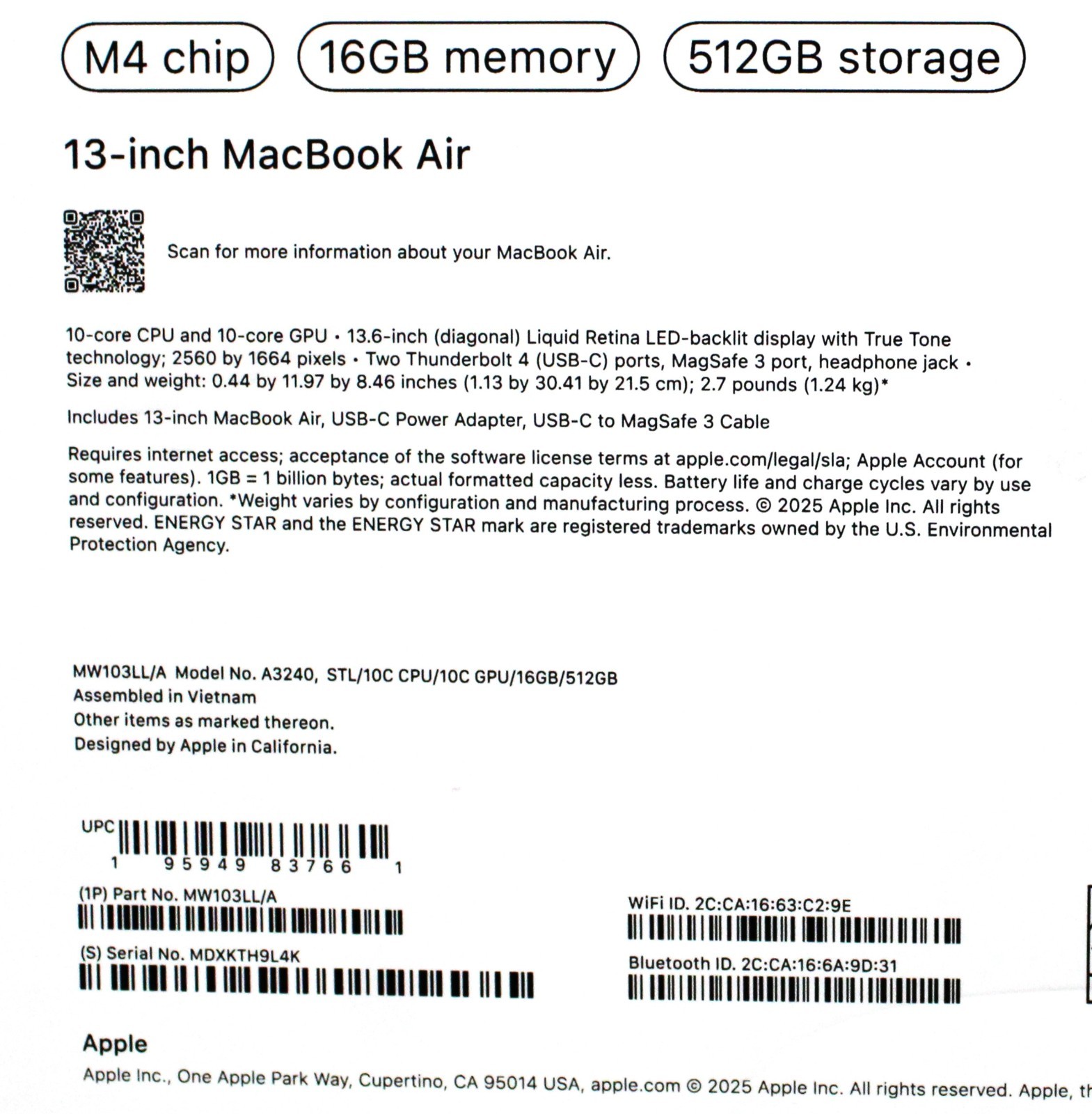 Apple | MW103LL/A | A3240 MacBook Air | 16Gb Memory | 512Gb Storage – Open Box