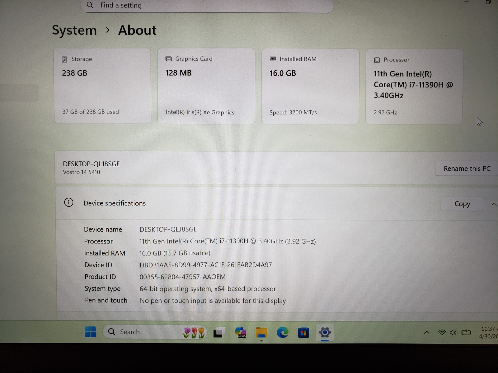 Dell Vostro 14 5410 i7-11390 16GB Ram 256GB SSD PC Laptop Backlit KB Win 11 pro