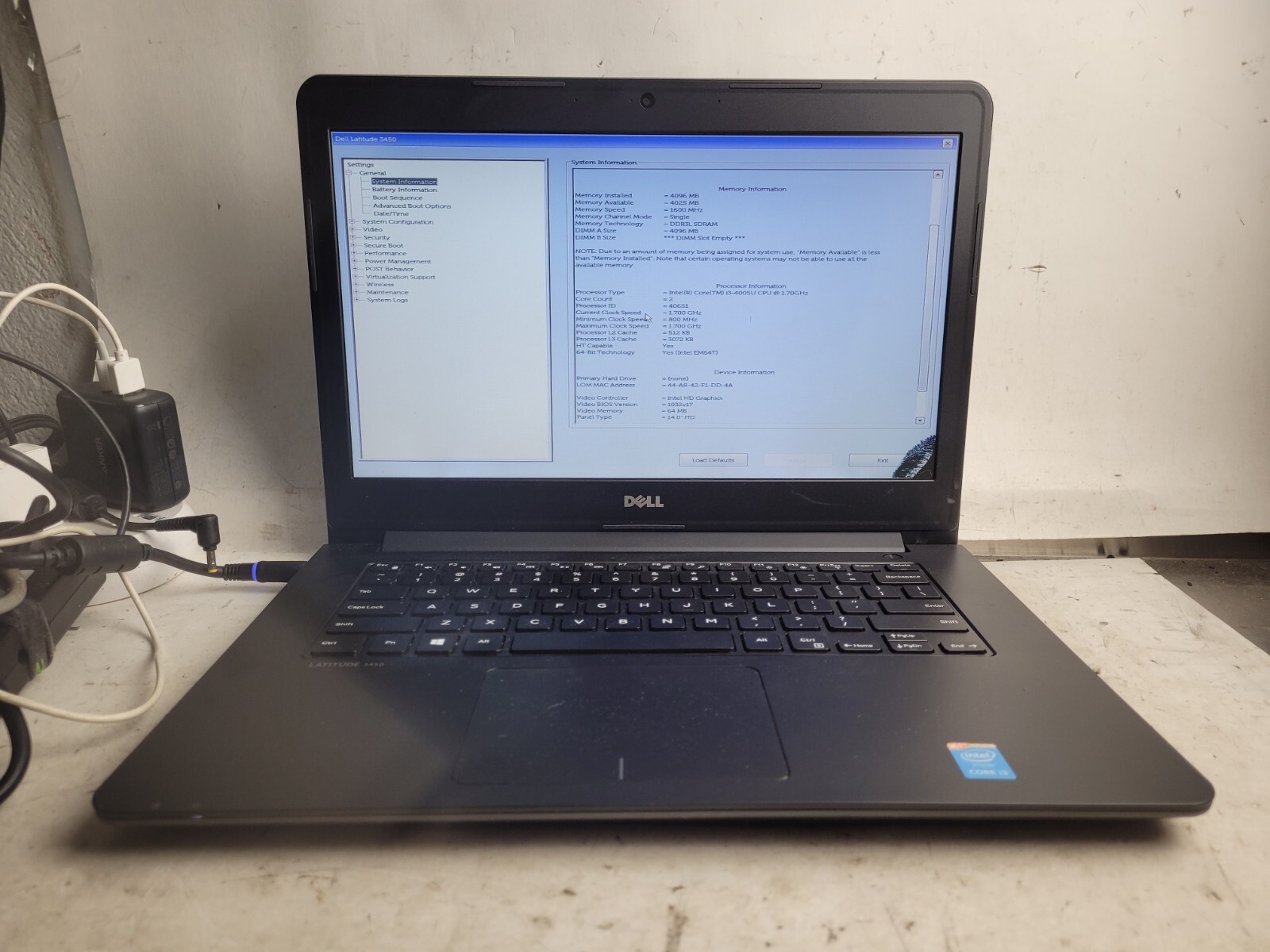 Dell Latitude 3450 w/i3-4005U@1.70GHz, 4GB RAM, 14″ Laptop for Parts #1943