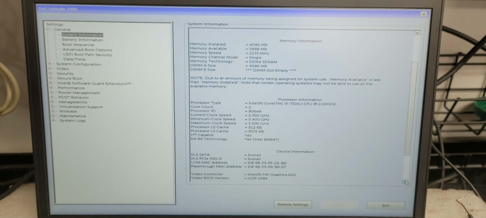 Dell Latitude 7480 i5-7300u 2.6GHz 4GB RAM No SSD/OS