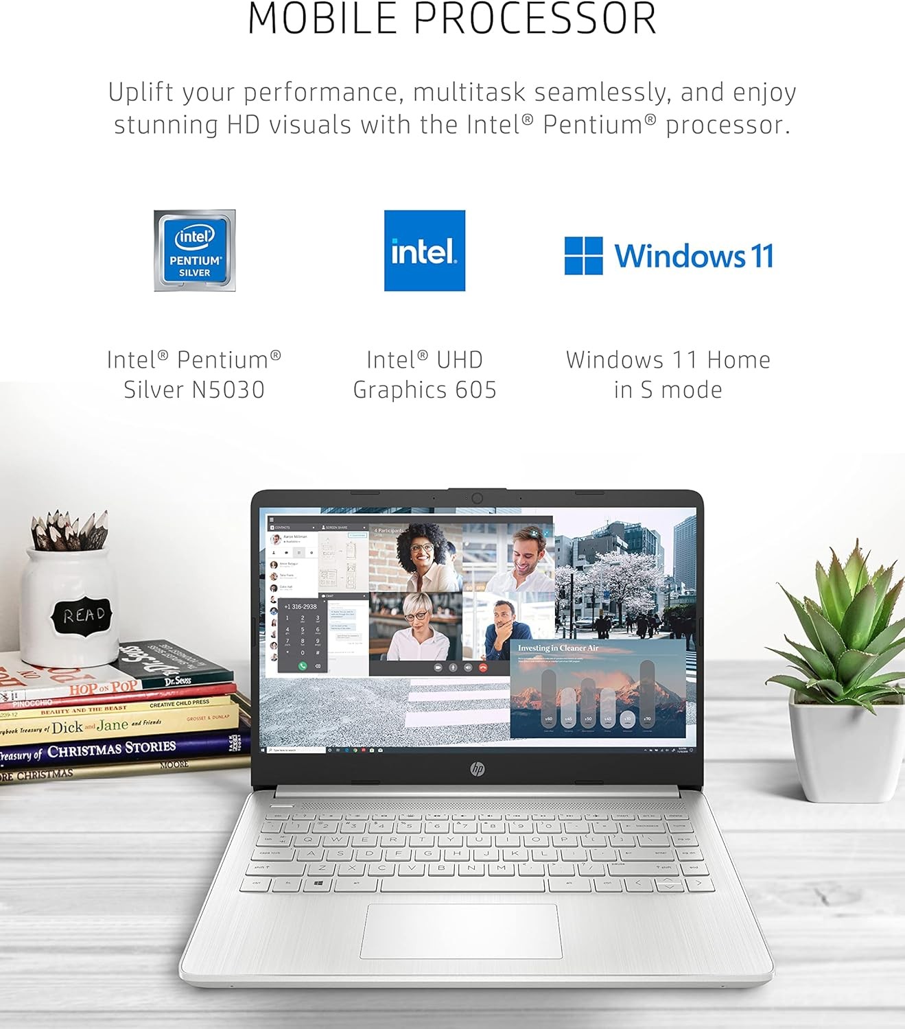 HP 14″ Laptop, Intel Pentium N5030 Processor 4GB RAM 128GB SSD Window 11 S Mode